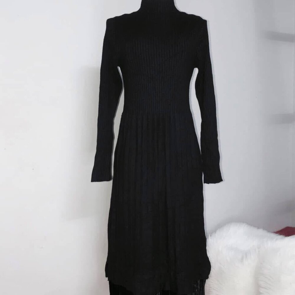 Black Ribbed Knit Long Sleeve Midi Dress